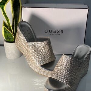 NWT-GUESS Metallic Woven Platform Wedge Sandals - Silver